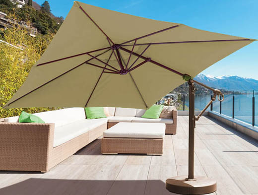 10 foot square cantilever patio umbrella with beige Sunbrella fabric