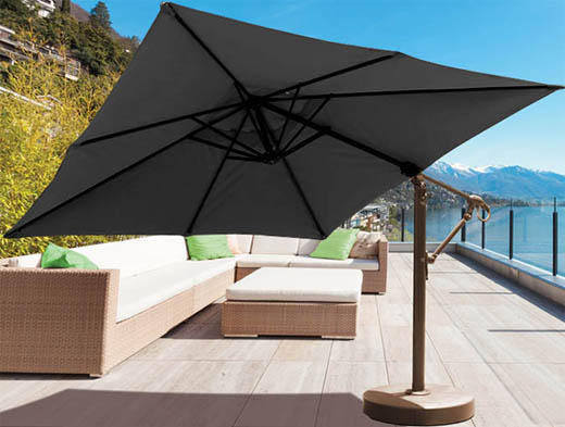 10 foot square cantilever patio umbrella with black Sunbrella fabric