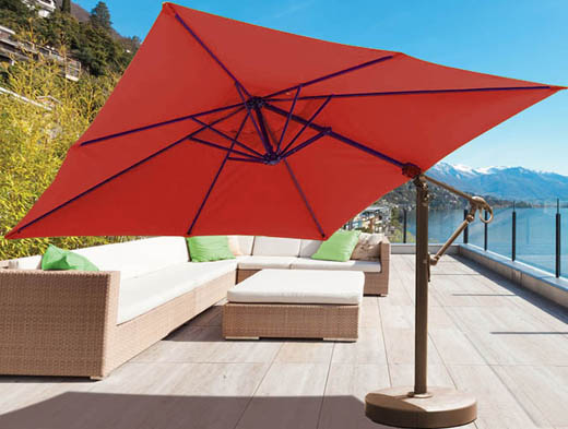 10 foot square cantilever patio umbrella with red Sunbrella fabric
